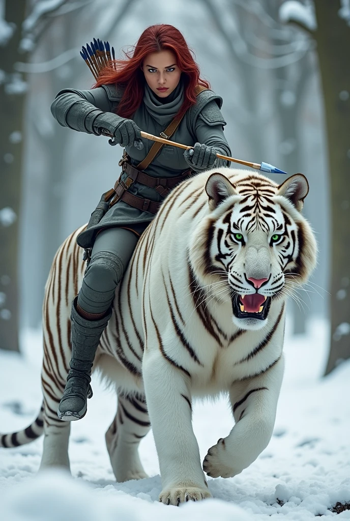 Woman with dark red hair, green eyes with yellow, wearing gray fighting gear, in a snowy white forest, on top of a white tiger and holding a bow and arrow in attack position