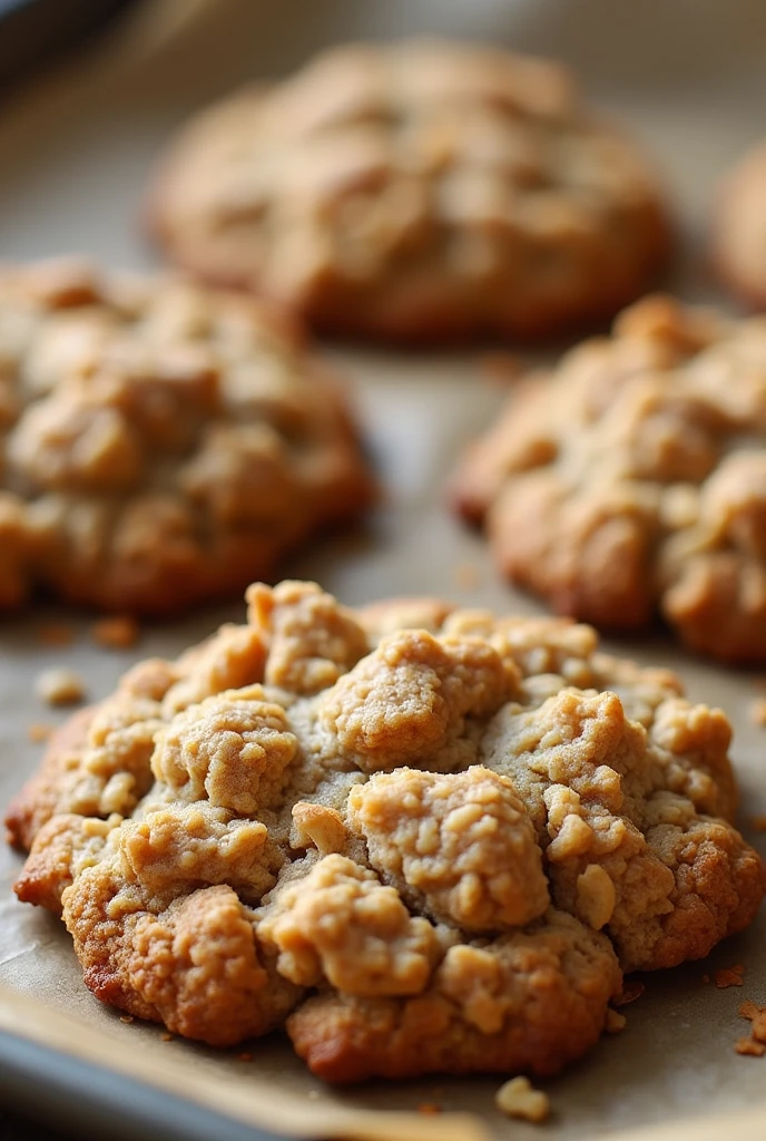 Create an image of this recipe: Oatmeal and Apple Cookies Ingredients:
- Avena: 100 g - Apple: 1 unit (ca.. 150 g)
- Honey: 30 g - Eggs: 1 unit
- Canela en polvo: 5 g - Chopped walnuts: 30 g (Optional)
Preparation:
1. Preheat the oven to 180°C and place parchment paper on a baking tray..
2. Peel and grate the apple.
3. In a bowl, mix the oats, grated apple, Honey, egg, cinnamon and .
4. With the help a spoon, Place mounds of dough on the baking sheet.
5. Bake for 12-15 minutes, until golden brown.
6. Allow to cool before serving.