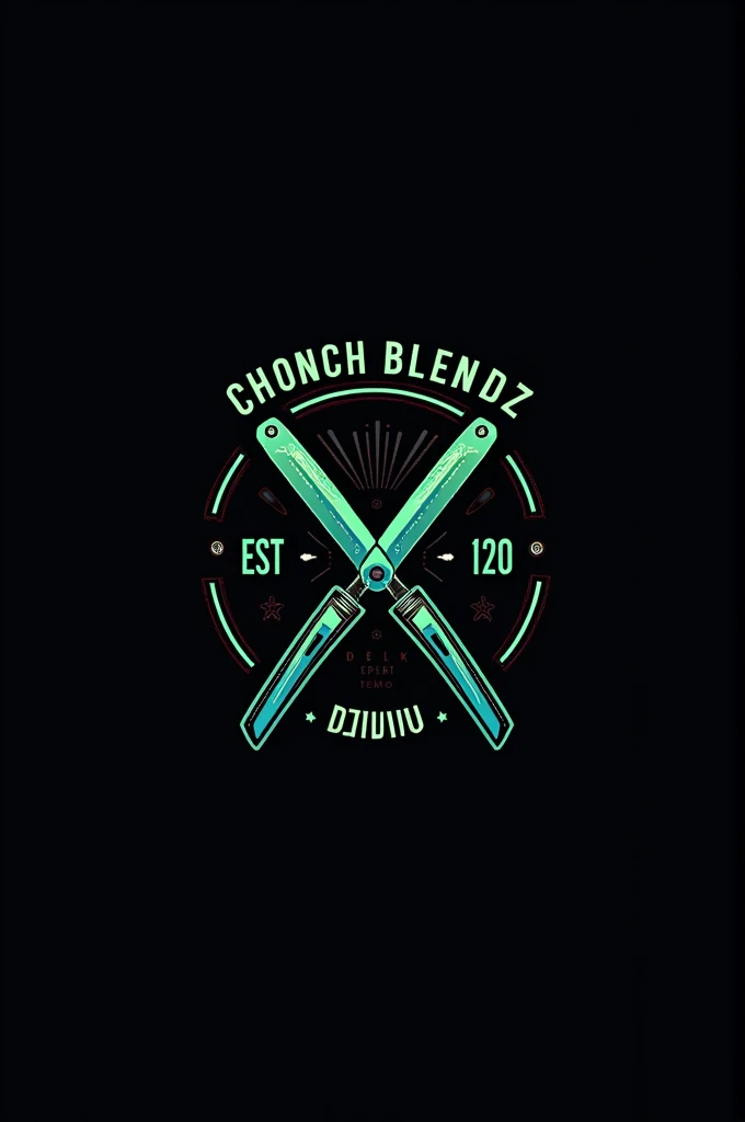 Create a flat vector, illustrative-style emblem logo design for a San Diego barber 'ChonchBlendz' established in 2020 , featuring a modern straight razors crossed in the center of the company name. Use neon green, blue, grey and white colors to convey trust, premium service and a luxury experience against a black background. English