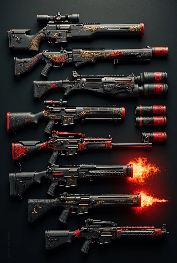 Black weapons with red and gold details, of robust and dark appearance. Grenades that explode in red flames.