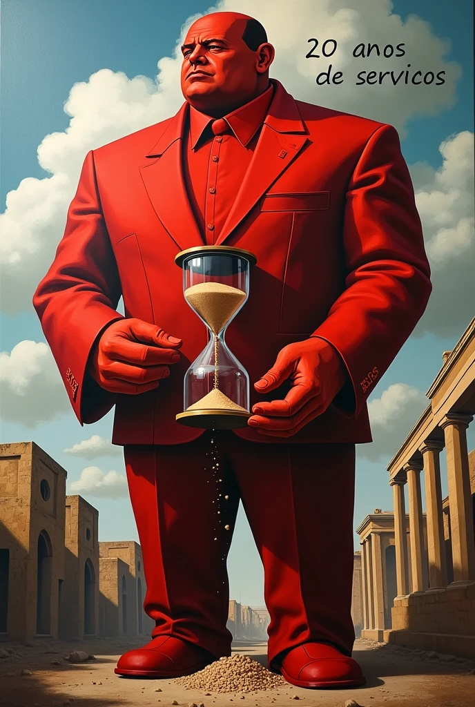 A thought-provoking conceptual painting by Sozdatel, featuring a massive scarlet City Council figure with a sideways gaze fixed on the viewer, constructed of geometric lines and shapes. In his hands he holds a broken hourglass, from which sand cascades, symbolizing the relentless passage of time. The background shows a cityscape, blending ancient and modern architecture, reflecting the duality of past and future, with the sky written in clouds “20 S DE SERVIÇOS”. The atmosphere is subdued and melancholic, highlighting the irrevocable nature of our mistakes.
