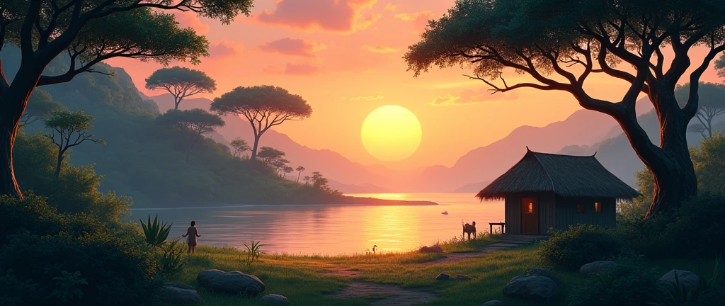 African forest without people distant horizon lake movie scene theatrical perspective high quality cartoon style small hut cinematic lighting high definition beauty art of landscape photography very beautiful 3d drawing style 
