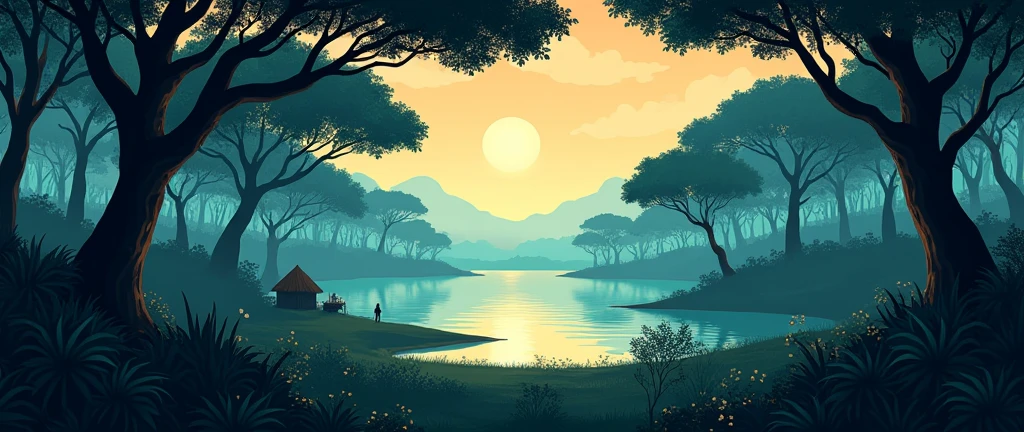 African forest without people distant horizon lake movie scene theatrical perspective high quality cartoon style small hut cinematic lighting high definition beauty art of landscape photography very beautiful 3d drawing style