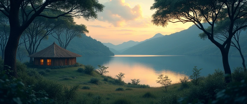 African forest without people distant horizon lake movie scene theatrical perspective high quality cartoon style small hut cinematic lighting high definition beauty art of landscape photography very beautiful 3d drawing style
