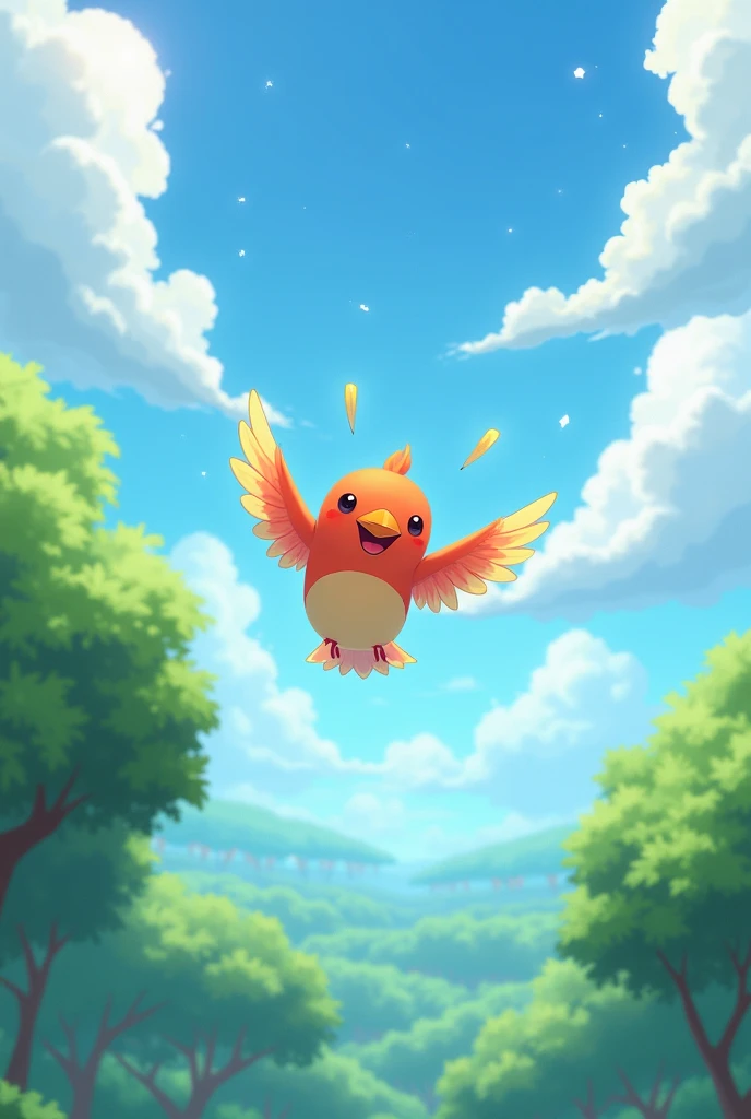 Imagine a little bird flying through the sky. , the trees it visits, and the cheerful songs it sings. the bird soaring high with its vibrant wings spread wide, singing its heart out amidst the fluffy clouds and tall trees.