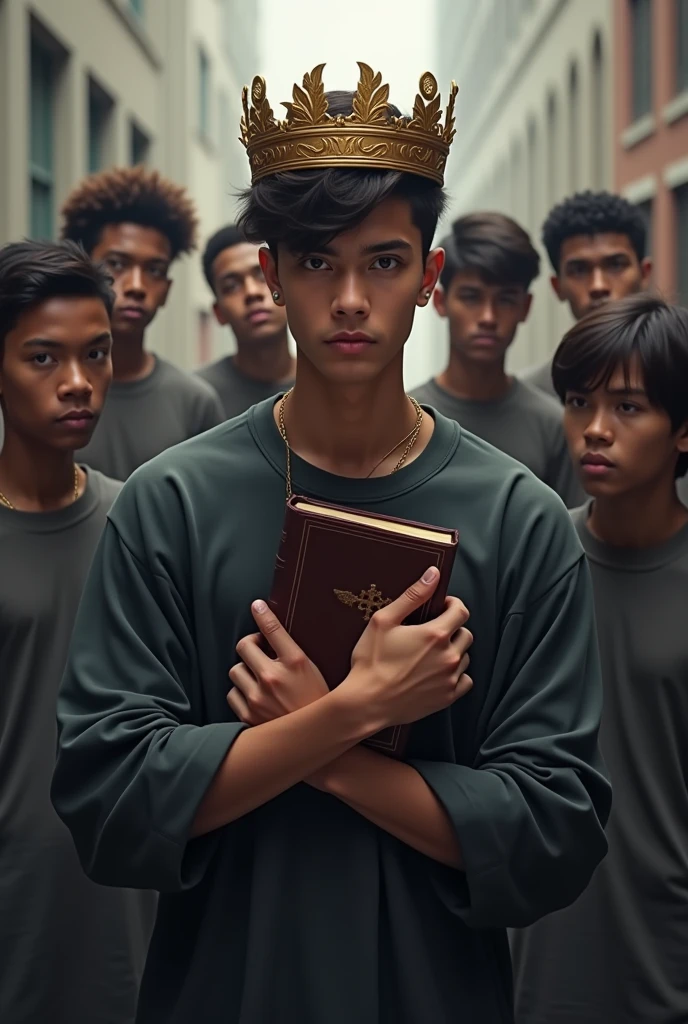 Modern young man hugging a bible and with a crown on his head being watched by evil young men.
