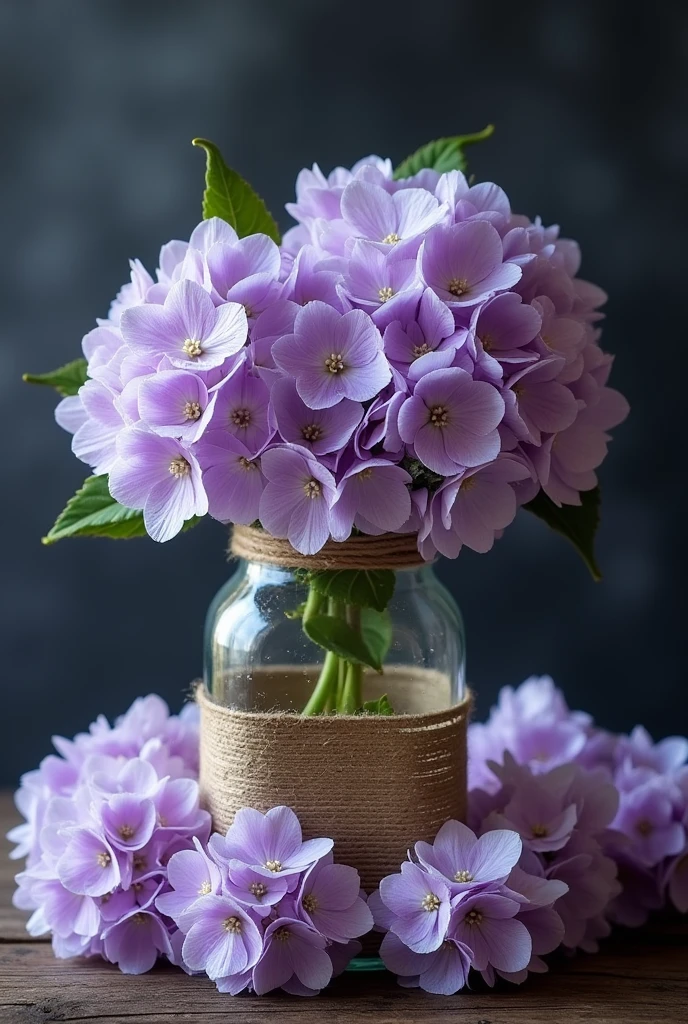 This image is、Shows a stylish glass jar with beautifully decorated purple hydrangea flowers。The bottle is wrapped with hemp string.、It creates a natural atmosphere。The flowers are pale purple、Some flowers are open。There are lots of flowers around the toilet.。The background is a faint purple, mysterious color.。
The bottle is short and square.。