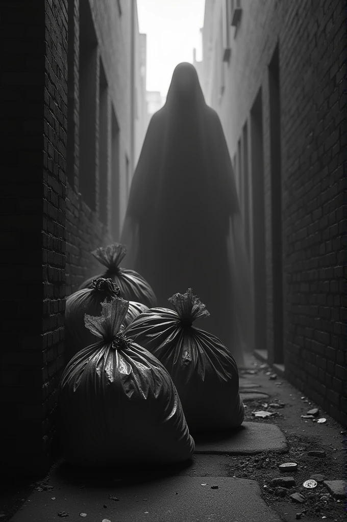 Black and white image, aspect ratio 16:9, high quality, hyperreal, A spectral shadow behind garbage bags in the corner of a dark alley. 