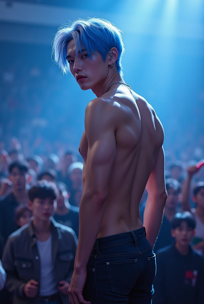 score_9, score_8_up, score_7_up, source_manhwa boy, best quality, clean face, Lee Ho-seok, boy, blue hair with white streaks, blue eyes, long hair, big chest, perfect body, looking at the viewer, ahegao expression, transparent underwear, provocative clothing, in a crowded concert hall, standing, acoustic angle, from behind, big ass, low angle, kpop ear microphone