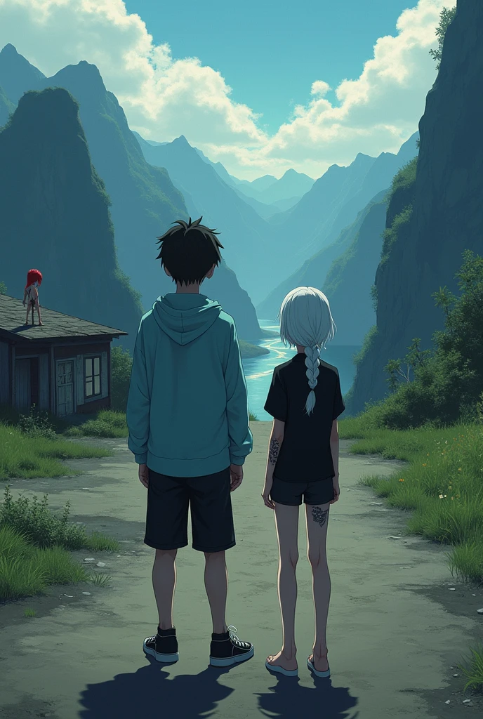 The image is anime style cowboy bebop and Darker than black with shadows and dim lights, anime style although somewhat adult and dark, It shows a rural road, where an old and destroyed building is located between the mountains, the view of the image is aerial. in the middle of a valley, where you can see mountains and a river below, on a vacant lot, very far, You can see a young man wearing a light blue jacket and black sneakers and an albino woman with short white hair wearing a black sweater and minishorts., carrying their bare feet. both, They are standing at the other end of the road, on a distant mountain, There is a red-haired girl standing there with her hair in a big braid., He has a tattooed body and a single horn.
