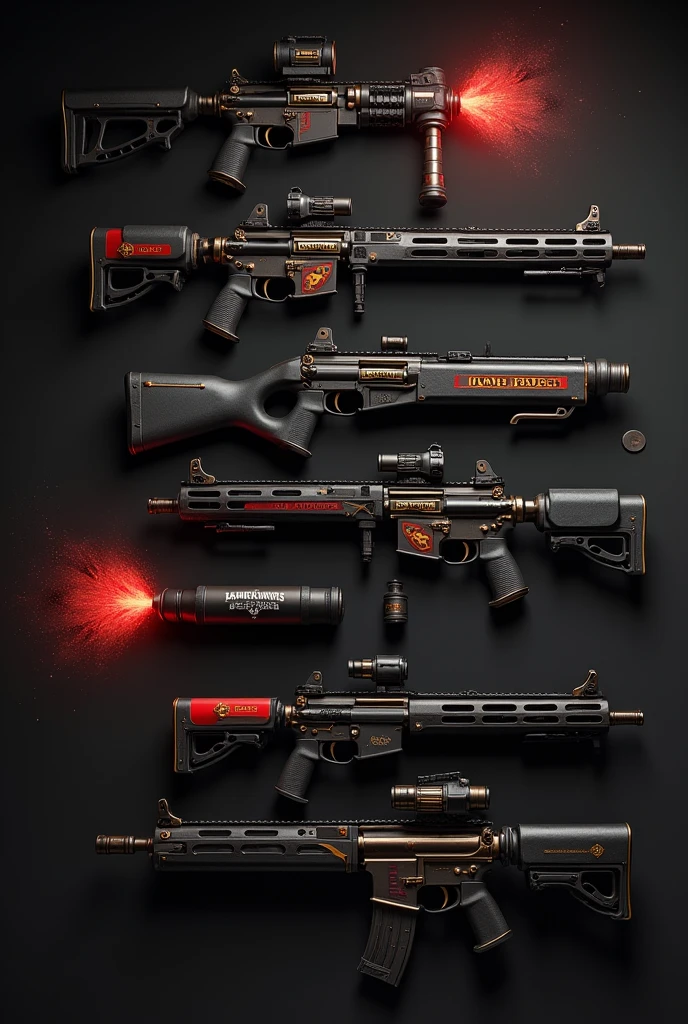 Black weapons with red and gold details, of robust and dark appearance. Grenades that explode in red flames.