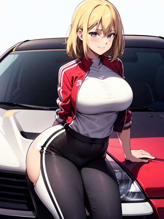 masterpiece, best quality, ultra-detailed, illustrator,1girl, Short blonde straight hair, Wearing a white top, Red and white racer jacket, Short black sport pants, white shoes, blush, big breasts, Big thigh, Look to the Lower, simple background, solo, very sexy, shy expression, cute, white background, Smiling cute, Facing sideways pose sitting on the hood of a car, Nissan skyline r34