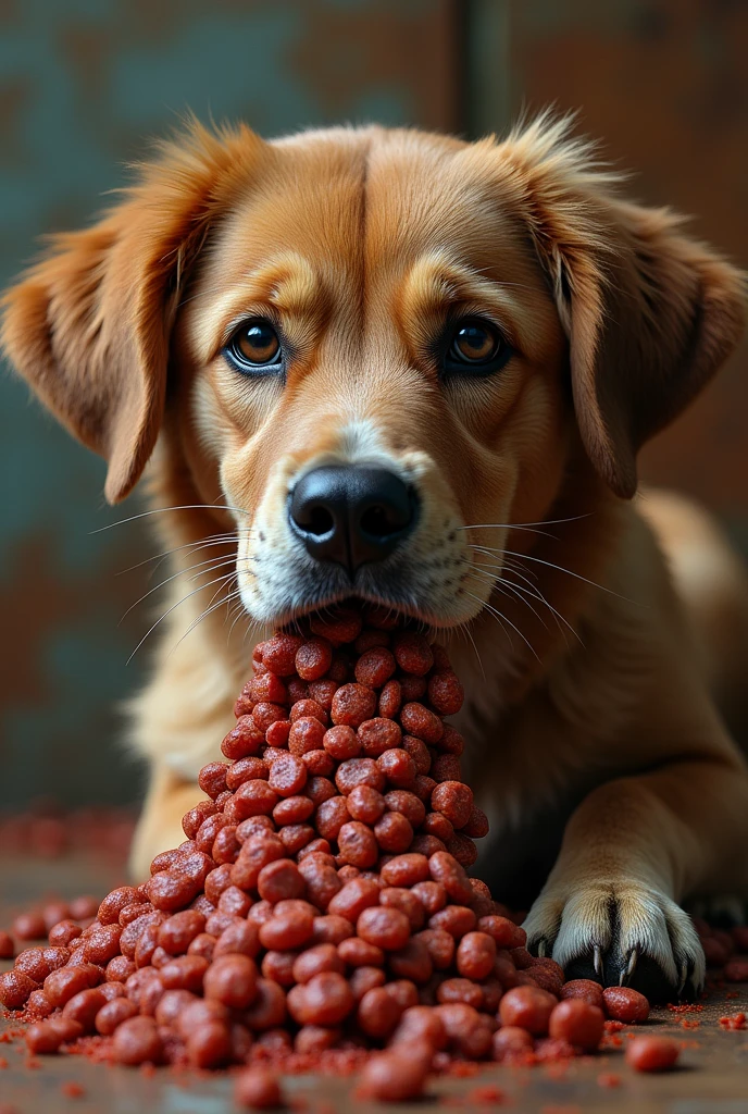 Generate an image of what a dog food packaging would look like if the main ingredient is human meat, I also want the packaging to represent the man's ambition., and also political corruption, the food is called carnivorous