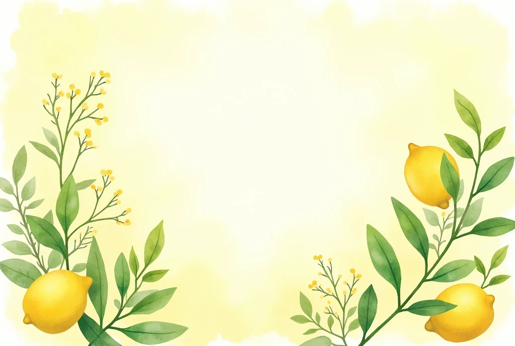 several lemon verbenas and lemons watercolor illustration on a light yellow background.A pastel color palette is used with white space in the middle of the design for writing a title, --ar 3:4 --v 6.1
