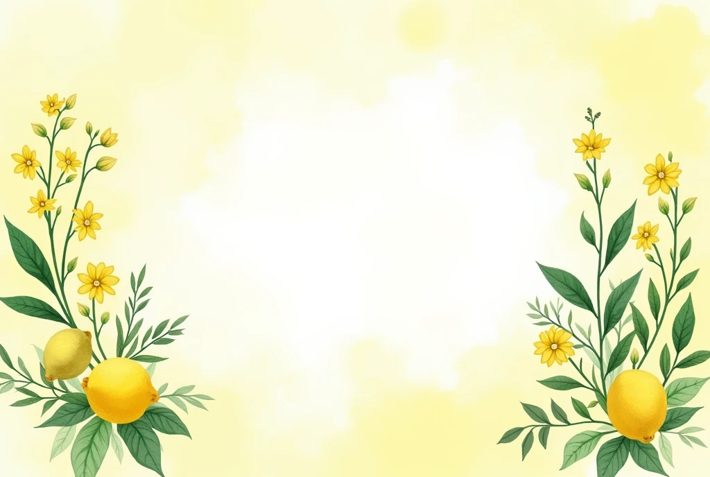 several lemon verbenas and lemons watercolor illustration on a light yellow background.A pastel color palette is used with white space in the middle of the design for writing a title, --ar 3:4 --v 6.1