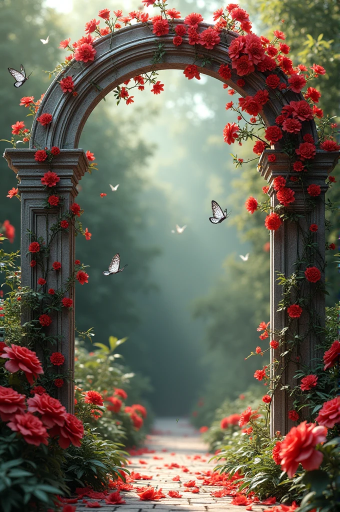 Silver arch with red flower vine and silver butterflies for 15 years