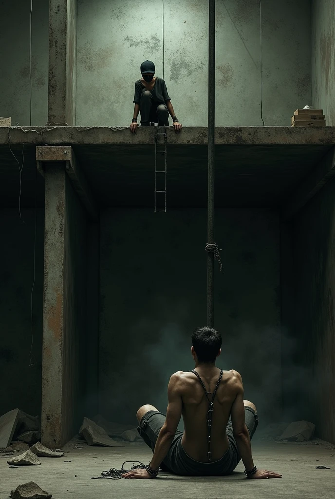 It's a warehouse. There are two floors. A man is sitting down tied to a pole and his one leg is in shackel. He is looking up on the first floor where the floor is missing except for a iron slab and a woman wearing all black, a mask, a cap is crouched on the iron beam looking down at the man. Show the whole warehouse and show man and women a bit small