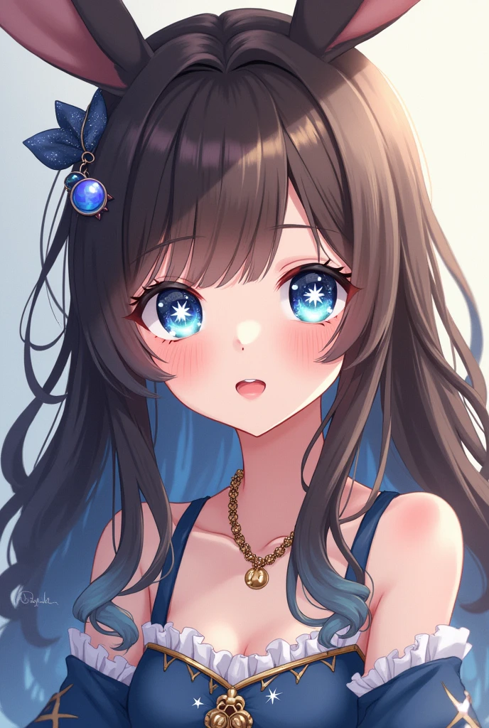 Fille style animé peau blanche cheveux brun détaché avec bout des cheveux bleux et ondulés. Yeux bleus avec etoiles a 6 branches blanche dans chacuns des yeux. Tenue en rapport avec l'astrologie. Oreille de lapin. Broche de décoration dans les cheveux. Collier lune.
