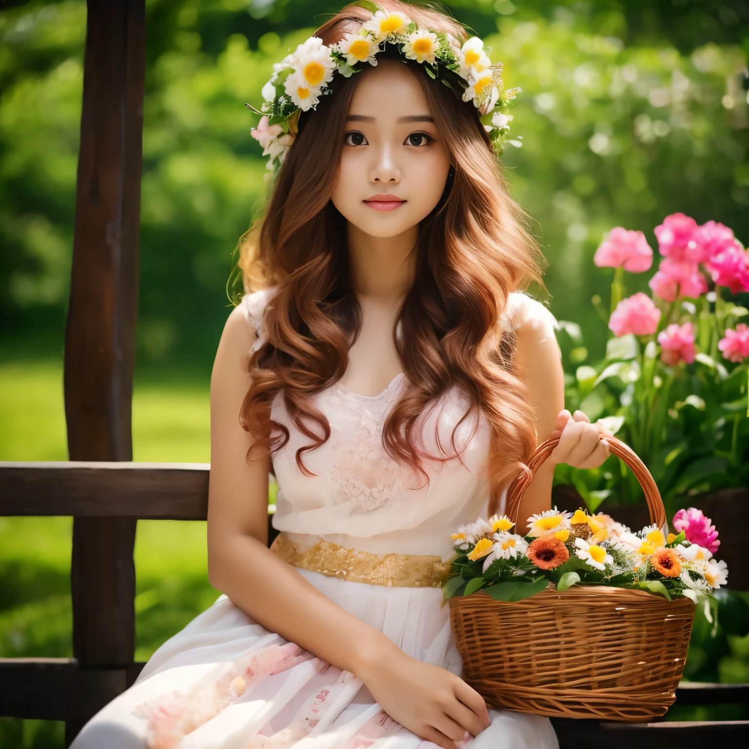 gadis jelita, (girl:1.2),alone, (long pink curly hair:1.1), brown eyes, Wearing a daisy wreath on your head, Sit in a flower park, (fruit basket:1.1), wearing white kebaya,,raw,photographic,photo shadows,actual,Ridiculous,Aesthetic,elegant, blur background