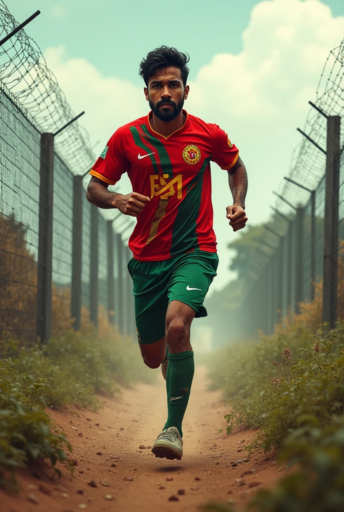A Bangladeshi man wearing East Bengal football club jersey jumping borders from bangladesh to india