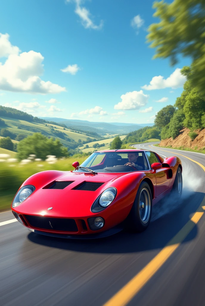Red car on a road driving