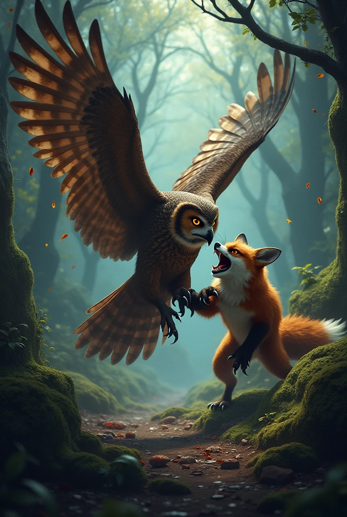 Fox and owl fight 