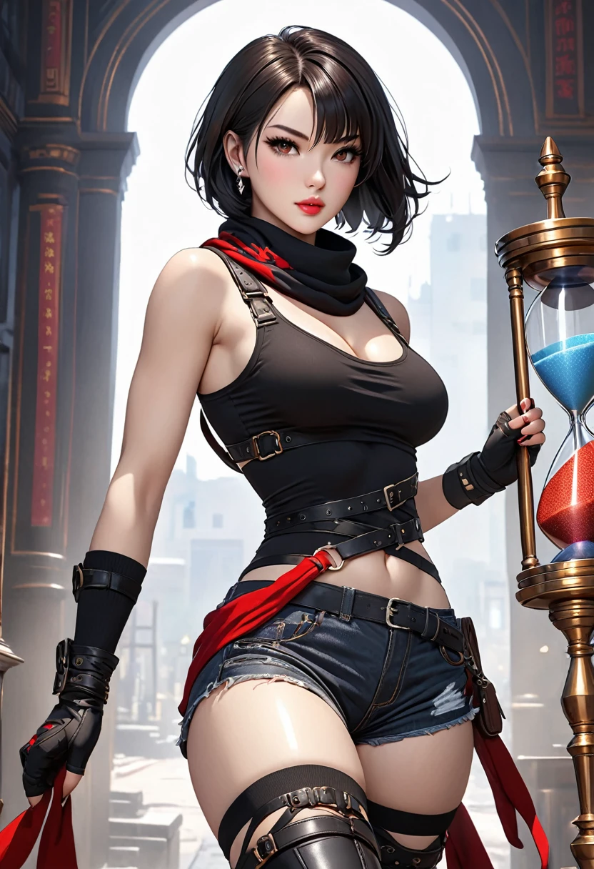 ((best quality)), ((artwork)), ((extremely detailed face)), ((perfect lighting)), ((extremely detailed CG)), ((perfect hands, perfect anatomy)) ((best quality)), ((artwork)), ((extremely detailed face)), ((perfect lighting)), ((extremely detailed CG)), ((perfect hands, perfect anatomy)) [Appearance= 20 y.o; 5'8” tall; short, straight, black bob hair; brown eyes, pale skin, plump lips, slightly muscular, diamond face, hourglass body, dark painted nails
Personality= ISTP, femme fatale
Reputation= great professional
Occupation= assassin
Clothing= short shorts, tank-top, thigh high boots, fingerless gloves, harness, scarf]