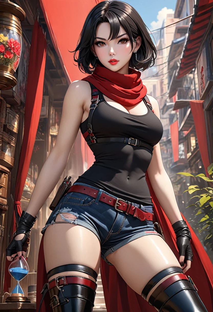 ((best quality)), ((artwork)), ((extremely detailed face)), ((perfect lighting)), ((extremely detailed CG)), ((perfect hands, perfect anatomy)) ((best quality)), ((artwork)), ((extremely detailed face)), ((perfect lighting)), ((extremely detailed CG)), ((perfect hands, perfect anatomy)) [Appearance= 20 y.o; 5'8” tall; short, straight, black bob hair; brown eyes, pale skin, plump lips, slightly muscular, diamond face, hourglass body, dark painted nails
Personality= ISTP, femme fatale
Reputation= great professional
Occupation= assassin
Clothing= short shorts, tank-top, thigh high boots, fingerless gloves, harness, scarf]