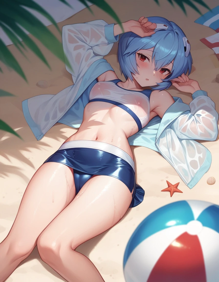 nsfw, Rei Ayanami, Swimwear, Translucent jacket, Ultra mini skirt, Semi-transparent slit skirt, Sweat, Ocean, Sandy Beach, Beach ball, Wet and see-through, Long Blue Hair, Lying down, blush