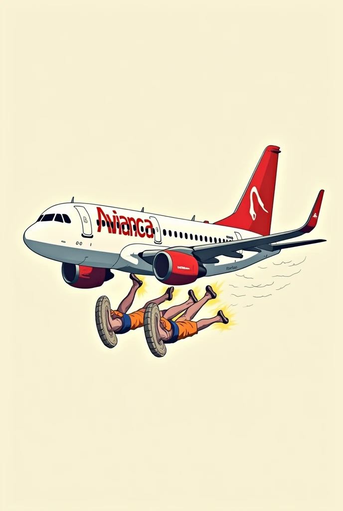 Cartoon of a white and red Avianca plane moving forward with the legs of its passengers like a Flintstones car