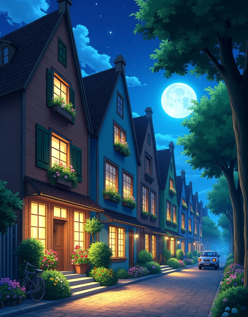 Create a highly detailed anime-style illustration of a charming, nighttime city street scene in a European-inspired town. The street is lined with quaint, three-story row houses, each with its own unique character. The buildings have large windows with warm, golden light glowing from within, creating a cozy and inviting atmosphere. The facades of the houses are adorned with vibrant flower boxes overflowing with colorful blooms, and the front steps are framed by lush gardens full of various flowers and shrubs.

Majestic trees with full, green canopies line the street, their leaves illuminated by the soft moonlight filtering through the night sky. The sky itself is a deep, starry expanse, with a bright full moon shining down, adding a magical ambiance to the scene. A single car is parked on the cobblestone street, while a bicycle leans casually against one of the buildings, adding to the peaceful, serene vibe of the neighborhood. The overall scene should blend realism with the whimsical, vibrant aesthetics typical of anime art, focusing on the rich details of the architecture, the lush greenery, and the serene, nighttime atmosphere."