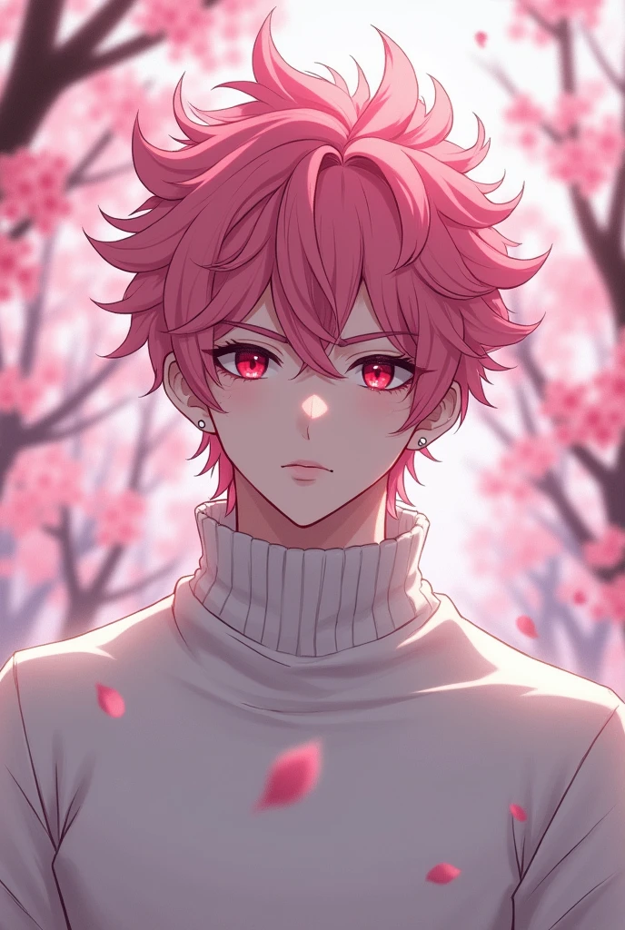 anime character, pink hair, spiky hair, Pale skin, red eyes, Long eyelashes, male, muscular, white small earrings, big glossy lips, cherry blossom trees, grey eyebrows, white sweater,