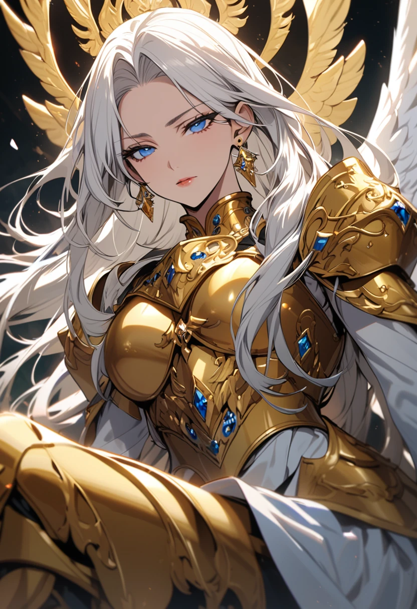 (high quality, 8k, 4K, high contrast, artwork:1.2, high quality, best aesthetics), (centered), ((1 woman)), erotic, sensual, mature body, grown woman, super detailed, beautiful face detailed, beautiful eyes detailed, detailed beautiful mouth, (long wavy white hair), (yellow eyes), (black eyeliner), (black eyeshadow), (black lipstick), (freckles), (relaxed expression), (facing the viewer), (penetrating gaze), (the pair of white bunny ears), (yellow angel halo), (long white dress with golden medieval armor parts), (golden shoulder pads), (large white angel wings), (standing), (body posture straight body posture), (woman's front angle), (front view), (on top of a green mountain), (beautiful blue sky)