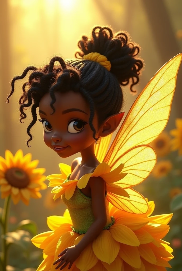 Image with the magic of Pixar, Irinessa, Tinkerbell&#39;s friend, a black fairy , curly hair with NAGÔ braids,dressed in a yellow sunflower flower and transparent wings 