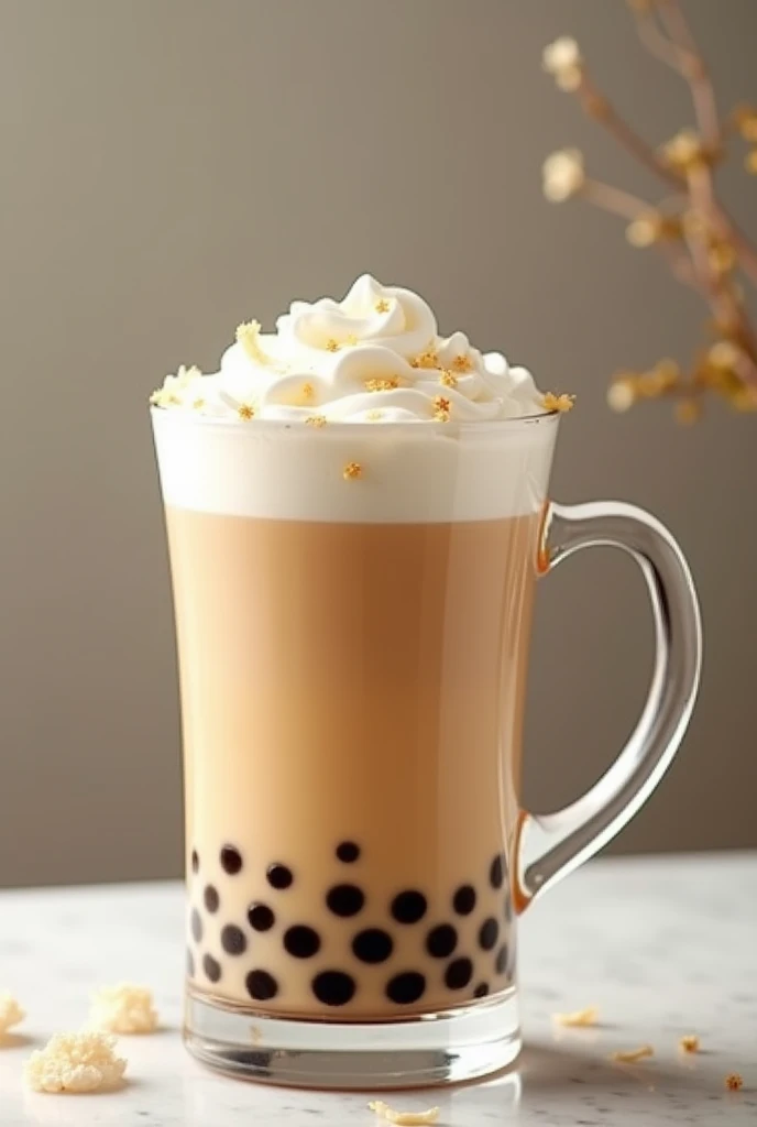Milk tea in transparent big mug have lot of foam bubble