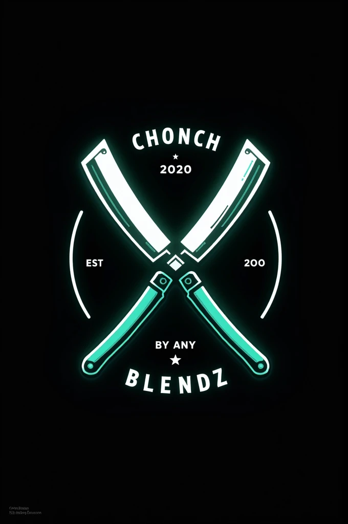 Create a flat vector, illustrative-style emblem logo design for a San Diego barber 'ChonchBlendz' established in 2020 , featuring a modern straight razors crossed in the center of the company name. Use neon green, blue, grey and white colors to convey trust, premium service and a luxury experience against a black background. English