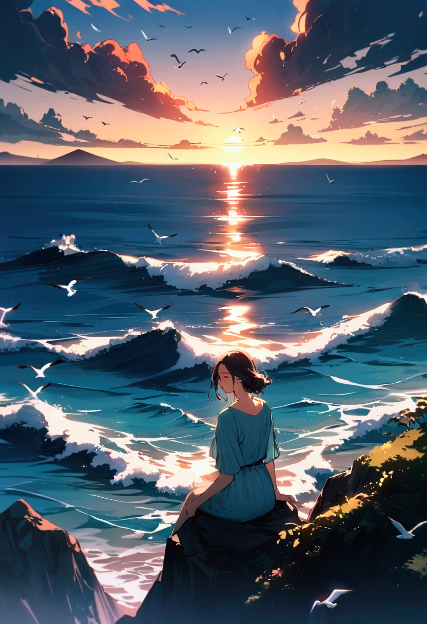 view at the top of the mountain looking directly at the ocean, seagulls, summer clouds, chill