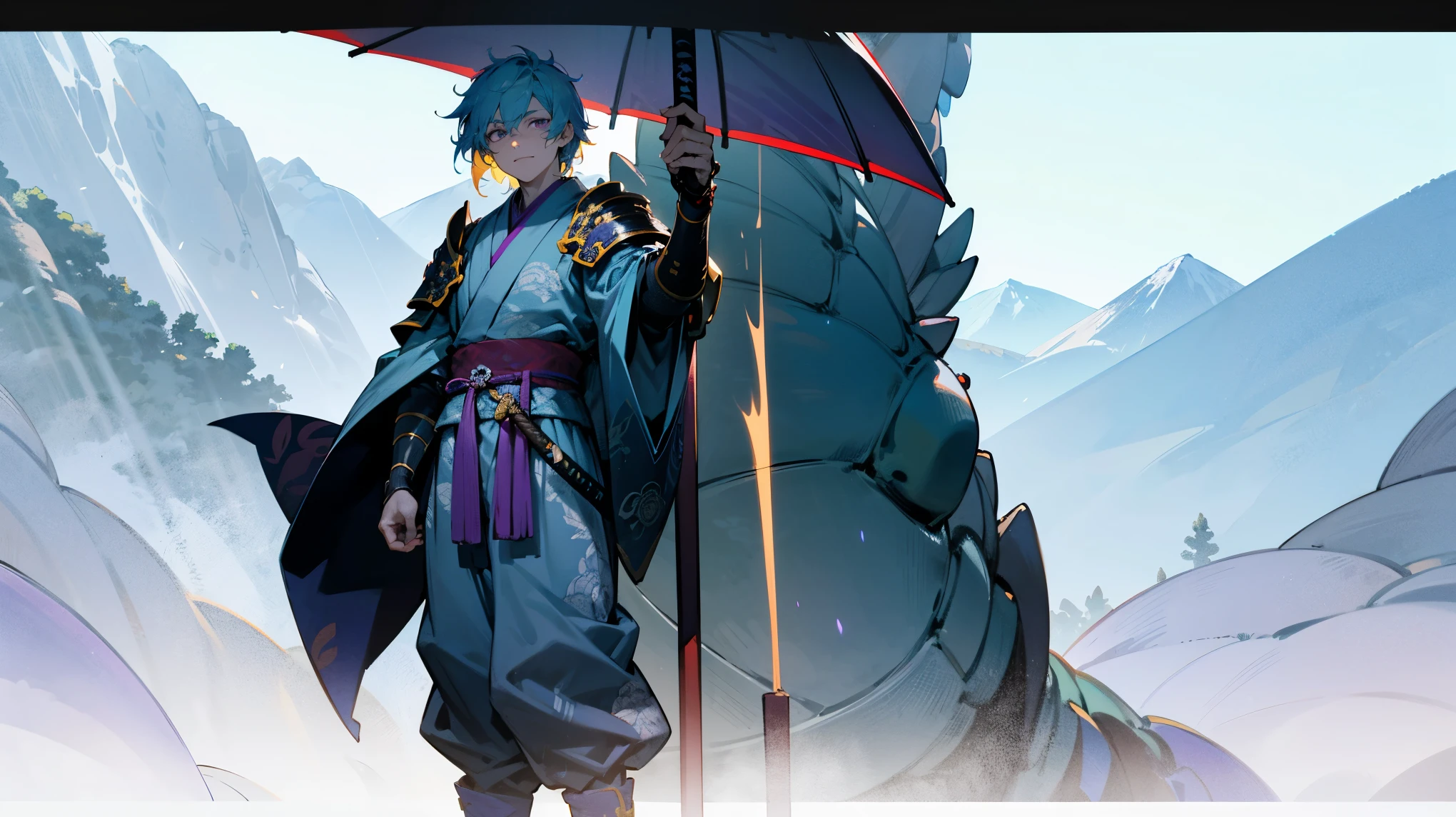 1male,Adult Male , Messy Pale Blue Hair ,Yellow Highlighted Hair, Purple Eyes , Samurai Armor-piece Armguard On One Arm , Fitted Yukata , Baggy Grey Pants ,Dragon Scale Print Loin Cloth, Standing at the foot of a mountain , Light Rain