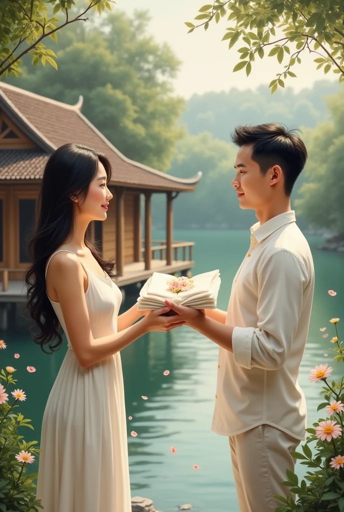 In front of a Thai house by the river, a young woman in a white dress has a beautiful face and long, flowing black hair. She holds a large white cloth folded into a beautiful square and hands it to a handsome young man with crew cut hair, wearing a white shirt and white pants. He receives the cloth from the young woman. A beautiful Thai house scene, an oil painting, a three-dimensional painting, an art painting by Professor Chalermchai.