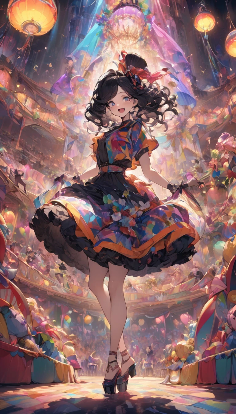 (best quality,4k,high resolution,masterpiece:1.2),Ultra-detailed,A cute girl with brightly colored eyes,lol,joy,Vintage glasses,in a circus environment,illustration, - She wears a retro circus themed outfit,Bold patterns and colors。 - Colorful decorations hanging around,and sparkling lights。 - She stands on a colorful platform,In the background is an old-fashioned circus stand。 The colors are bright and lively,Mix of warm and cool colors。