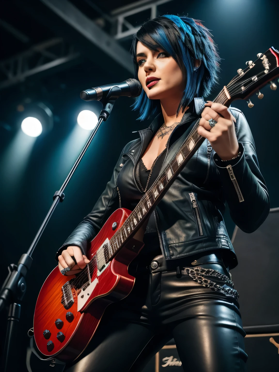 woman dressed rocker style, with black leather blouse, black leather pants, with skull decorations, short blue hair spread, playing a red guitar with fire design details, em um palco de show de rock