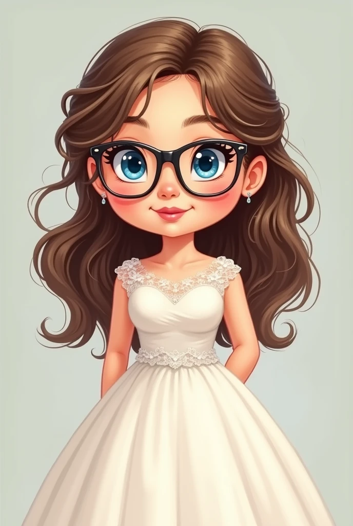 Imagine a woman with blue eyes and brown hair wearing glasses and long hair dressed as a bride looking forward and smiling . Chubby drawing