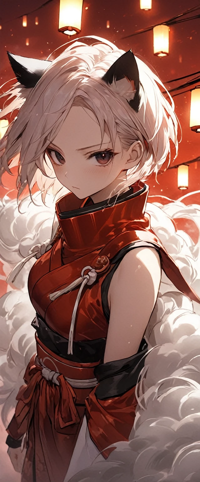 A woman in a shiny scarlet samurai costume。Crouching。Messy red short hair。forehead。Cat ear。Cat Eyes。 White Wilderness。A world of thick fog,。Bust Shot。Dark Eyes。clothes are blowing in the wind。Serious expression。knife。Many small floating lanterns。alone。neo tokyo。Japan。Red Sky。Chiaroscuro,