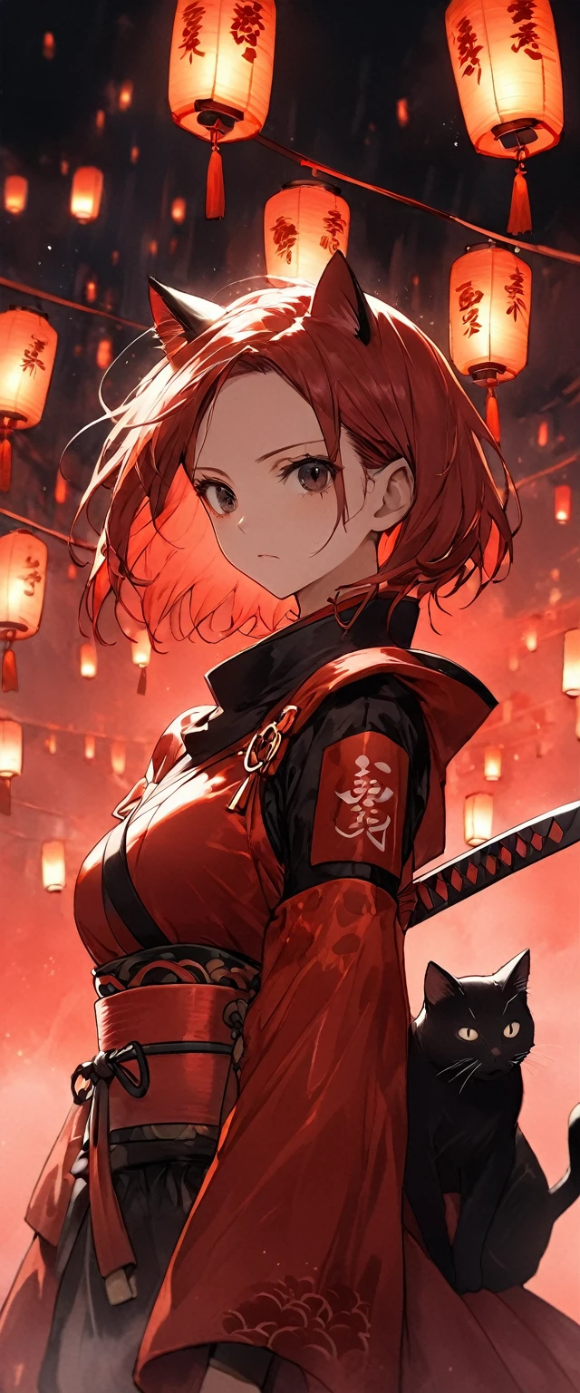 A woman in a shiny scarlet samurai costume。Crouching。Messy red short hair。forehead。Cat ear。Cat Eyes。 White Wilderness。A world of thick fog,。Bust Shot。Dark Eyes。clothes are blowing in the wind。Serious expression。knife。Many small floating lanterns。alone。neo tokyo。Japan。Red Sky。Chiaroscuro,