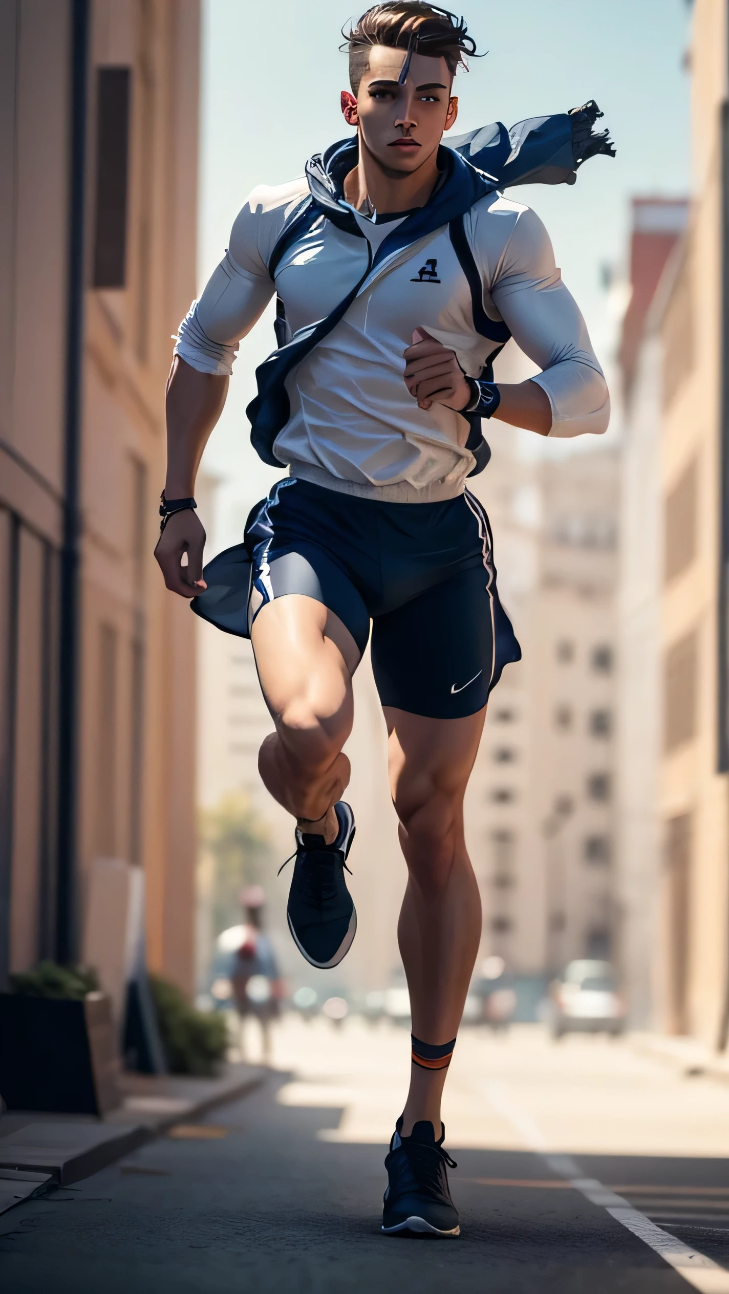 A male runner, running with style and strength, shown in full body.