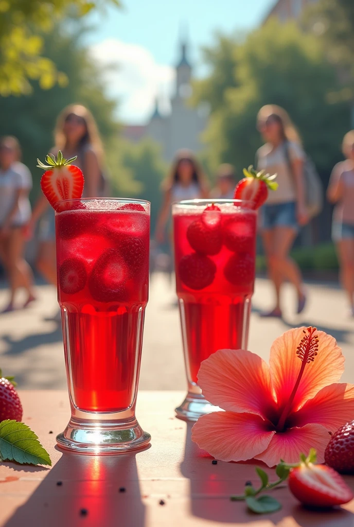 Image of glasses containing red gelatin and filled with cut strawberries on the side a hibiscus flower and several students going