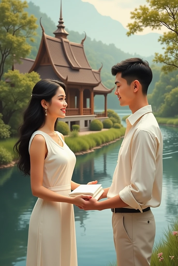 In front of a Thai house by the river, a young woman in a white dress has a beautiful face and long, flowing black hair. She holds a large white cloth folded into a beautiful square and hands it to a handsome young man with crew cut hair, wearing a white shirt and white pants. He receives the cloth from the young woman. A beautiful Thai house scene, an oil painting, a three-dimensional painting, an art painting by Professor Chalermchai.