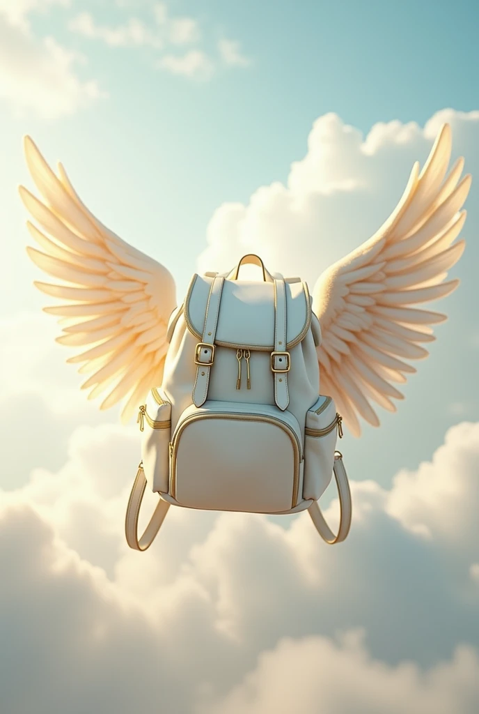 White backpack with small golden wings and a parachute that opens in the shape of angelic wings