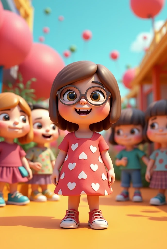 Create a 3D cartoon-style image featuring 7 distinct characters, each with unique physical traits and outfits.
A woman with a round face, cute appearance, and glasses. She has a chubby figure and a wide smile showing her teeth. She is wearing a heart-patterned dress and is posing in a cute manner.