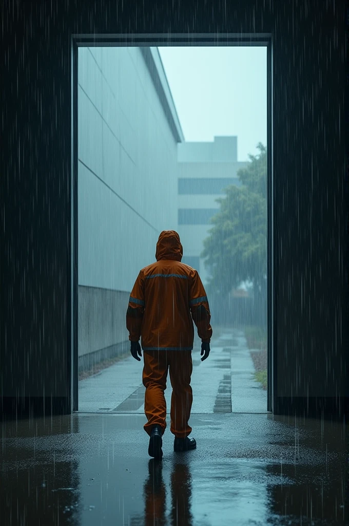 A delivery man standing out big door outer raining heavily 